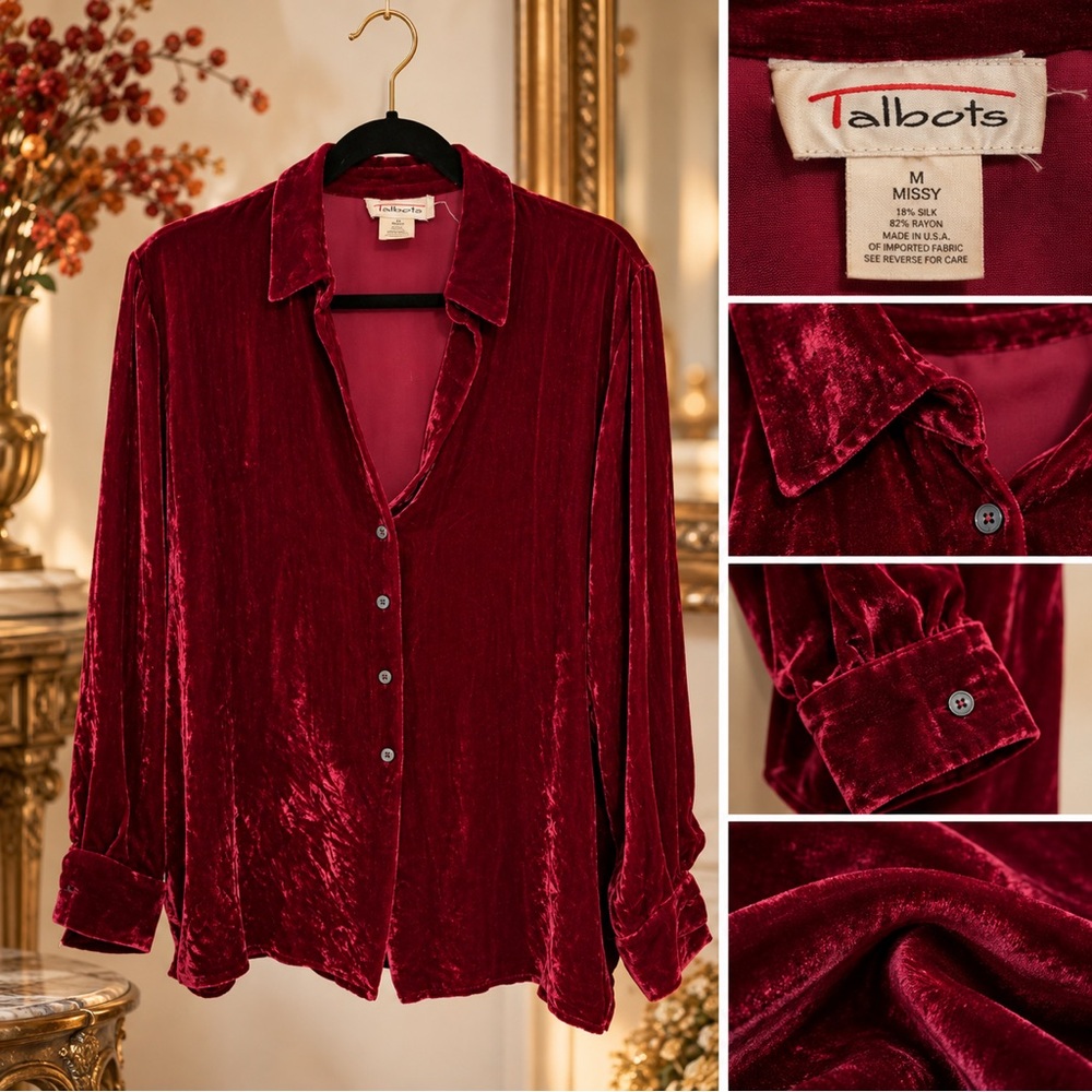 Vintage Talbots Silk Blend Velvet Blouse Burgundy Red M 80s 90s